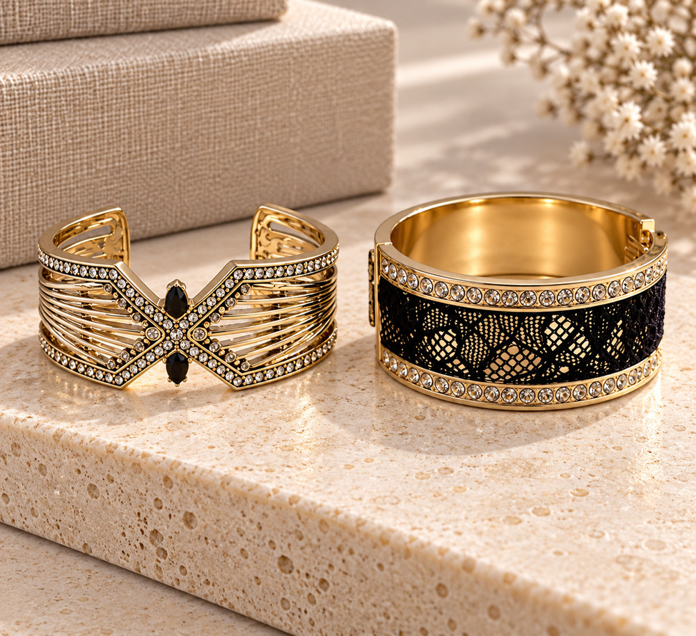 Wide Gold Tone Lace Bangle Bracelet Rhinestone Accents Hinged Statement Cuff